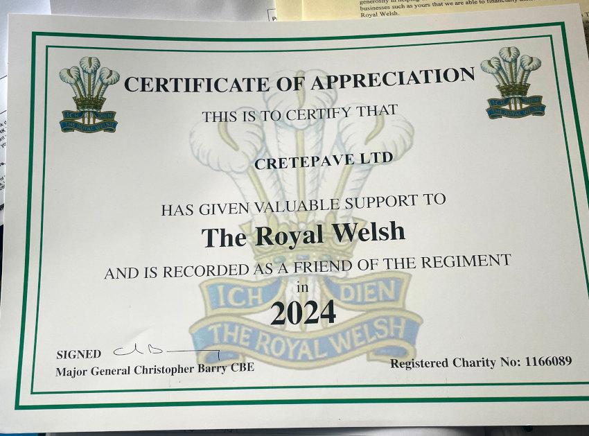 Royal Welsh 2024 certificate of appreciation